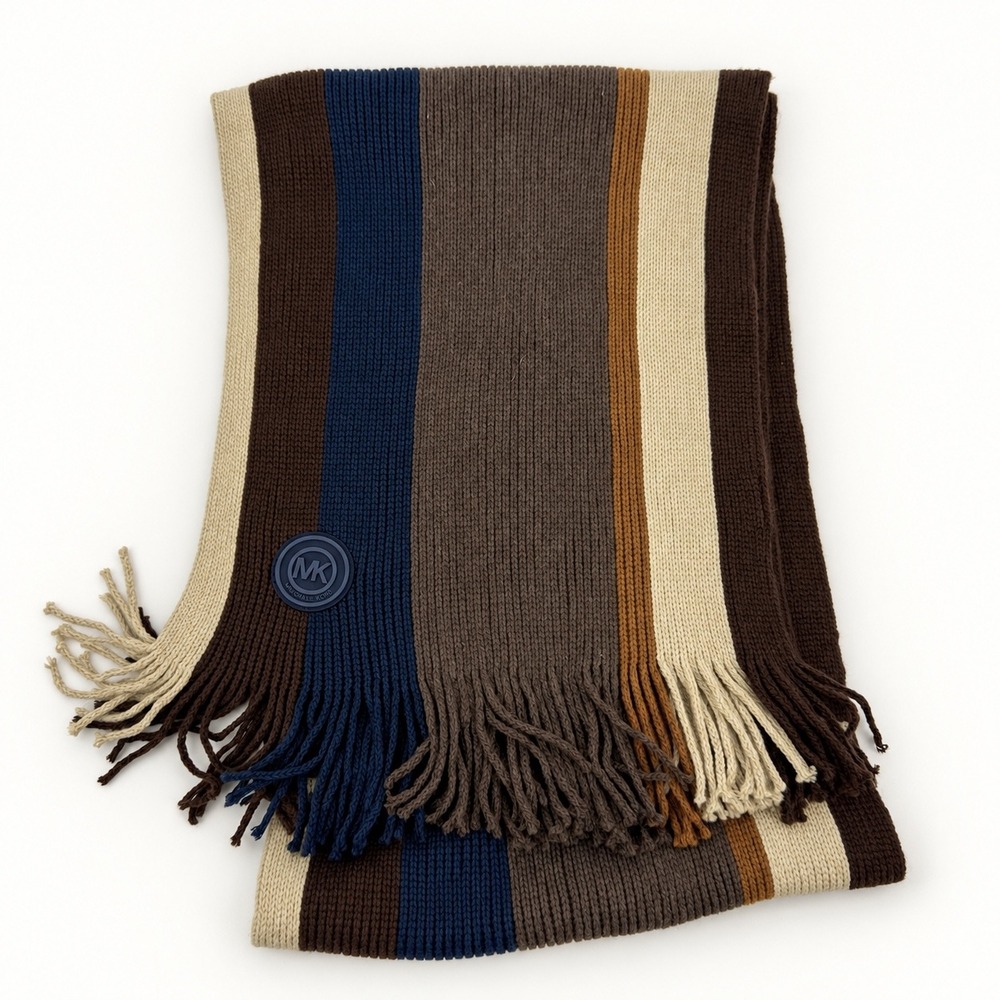 Michael Kors Unisex Scarf Striped Knit Fringed Brown Blue Peppy Winter Warm Gift